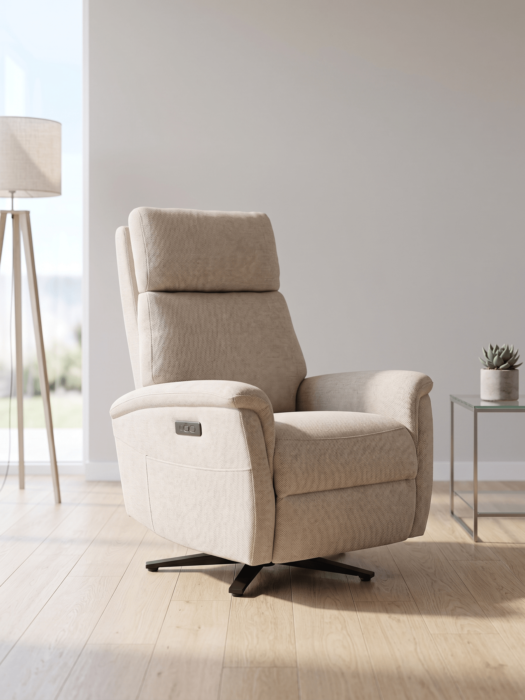 Sillón Relax NATURES chenilla beige – vista frontal Sillón relax NATURES en chenilla beige, vista frontal con cabezal acolchado y brazos anchos